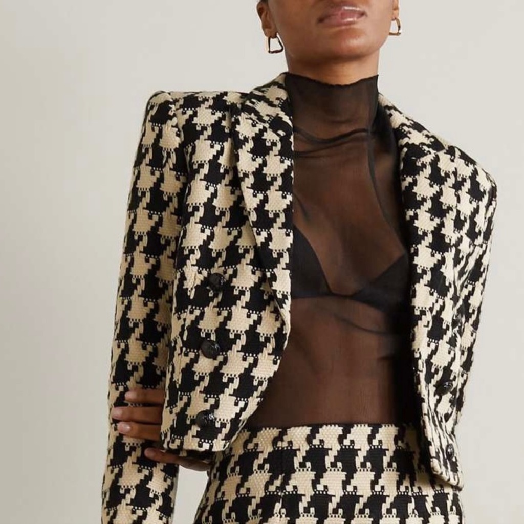 L’agence Inez Cropped Houndstooth Tweed Blazer Light Camel / Black Size 8